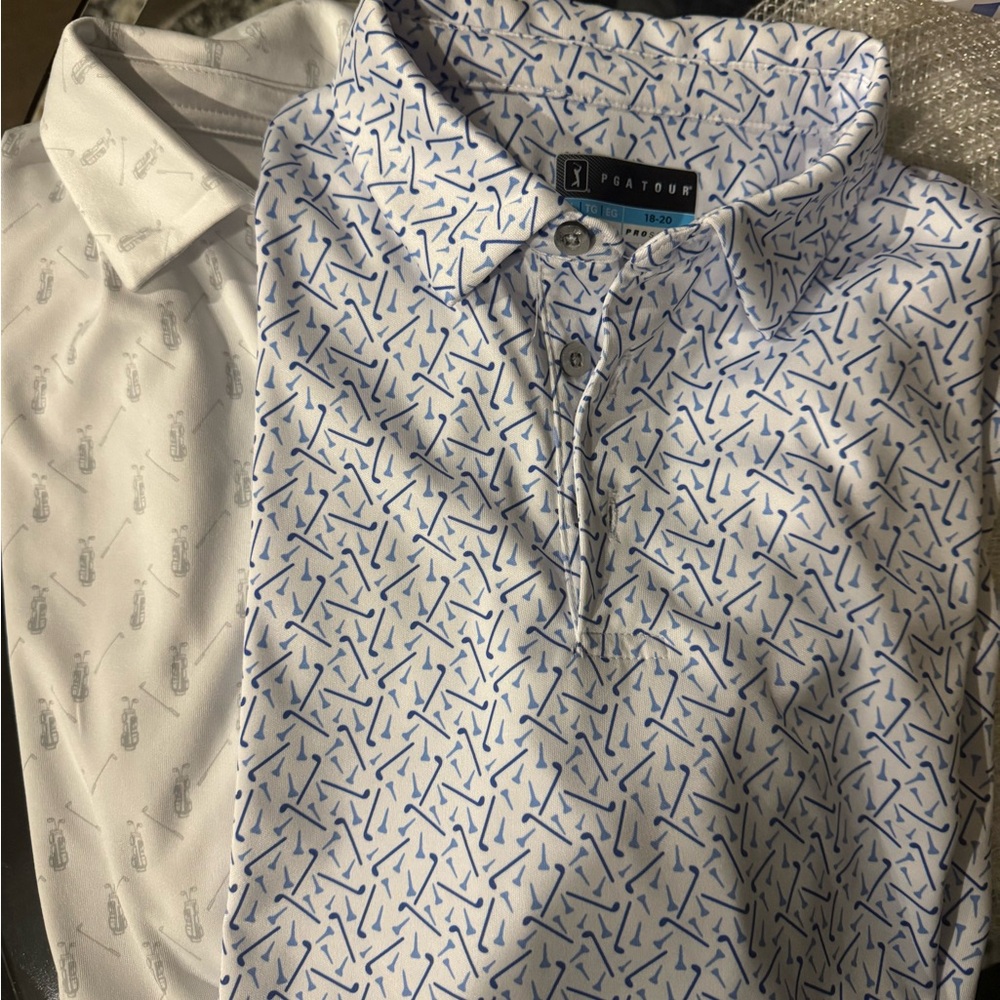 PGA Tour Boys White Patterned Golf Shirts set of 2